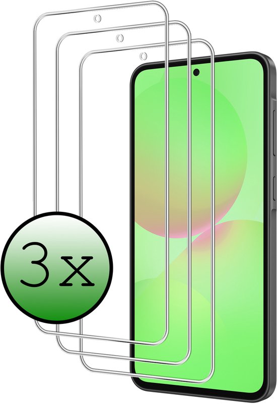 Drie schermprotectoren '3x' worden getoond, geplaatst op een smartphone.