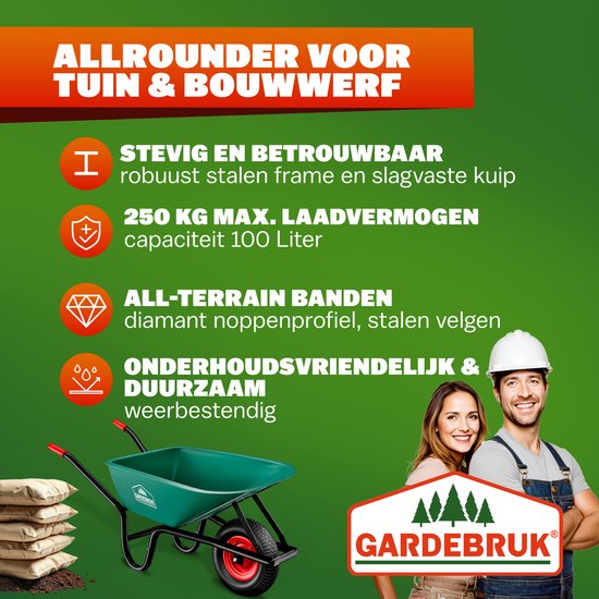 Groene kruiwagen met rode handvatten, 250 kg max. laadvermogen, 100 liter inhoud. Stevig stalen frame. Paar.