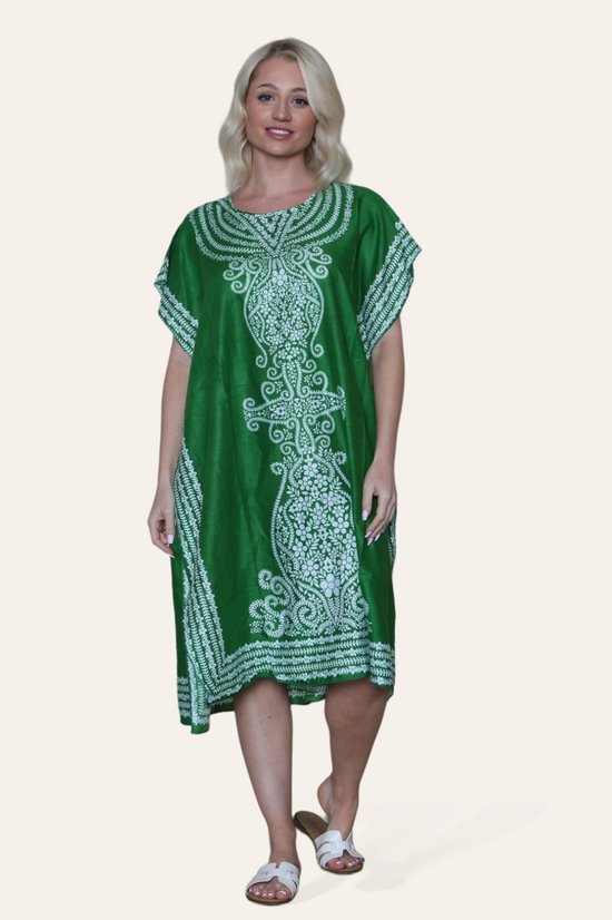 Lange dames kaftan jurk Irina-fantasiemotief-appel groen wit-strandjurk-Maat M/L
