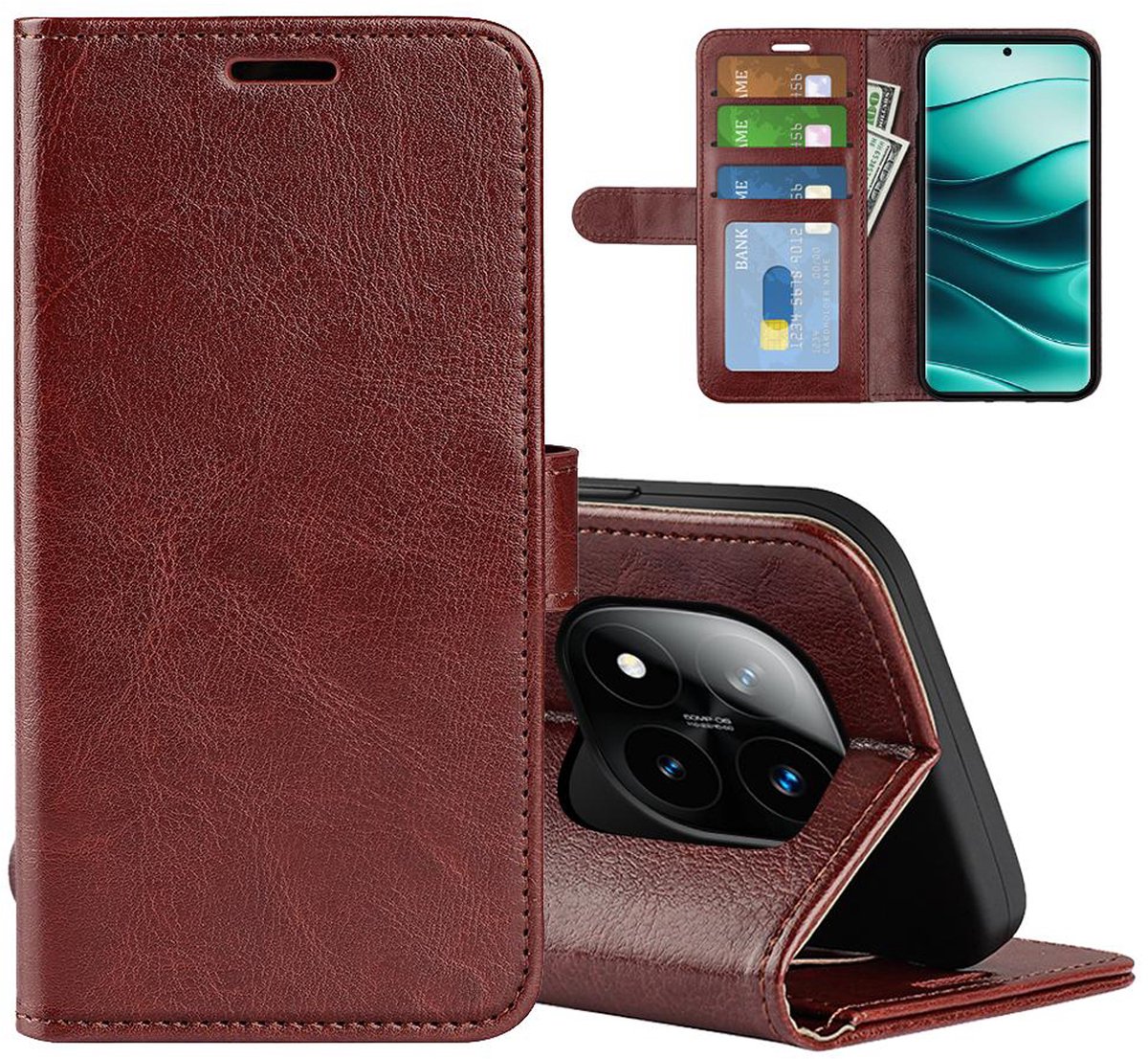 MobyDefend Hoesje - Geschikt voor Xiaomi Redmi Note 14 Pro Plus - Wallet Book Case (Sluiting Achterkant) - Bruin