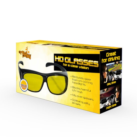 Een verpakking met een zwarte bril met gele glazen. De tekst vermeldt 'HD Glasses' en 'Great for driving'.