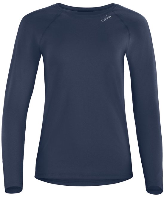 Donkerblauwe longsleeve shirt met ronde hals en raglanmouwen.