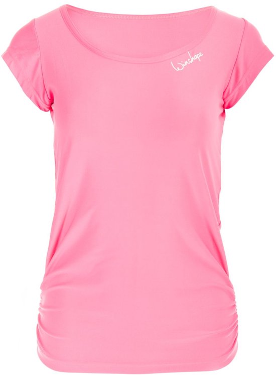 Roze t-shirt met korte mouwen, gerimpelde zijkanten en een logo op de linkerborst.