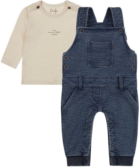 Dirkje - Basic Collection - COTON BIO - Salopette Blauw - Chemise Blanc cassé avec imprimé - Taille 80