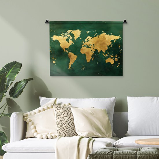 Wandkleed 60x45 cm - Wanddoek Wereldkaart - Groen - Goud - Wandtapijt - Wandkleden