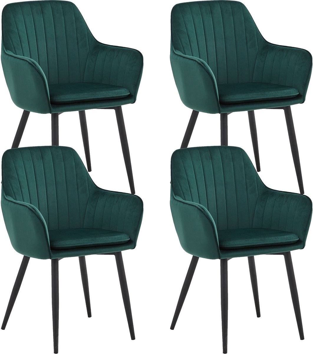Colenis® - Lavinia Eetkamerstoel - Set Van 4 - Groen - Fluweel - Velvet - Industrieel - Met armleuning
