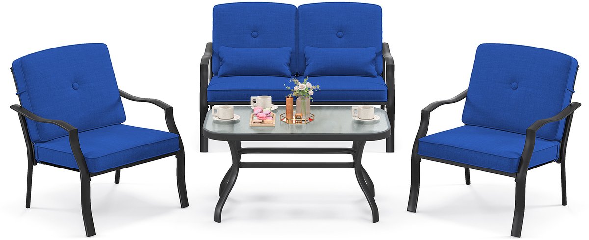 COSTWAY 4-delige tuinmeubelset, terrasmeubels met zit-, rug- en taillekussens, zitgroep, zitgroep voor 4 personen, tuinset incl. 2 stoelen, bank & tafel, voor tuin, terras