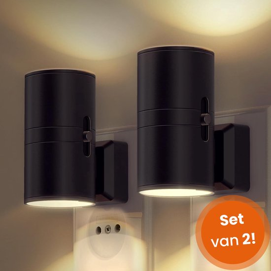 Goliving Nachtlampje Stopcontact - 2 stuks - Stekkerlampen - 10,7 x 9,3 cm - Volwassenen - Boven en Onder Verlichting - Dimbaar - Dag- en Nachtsensor - Stekkerspot - Zwart