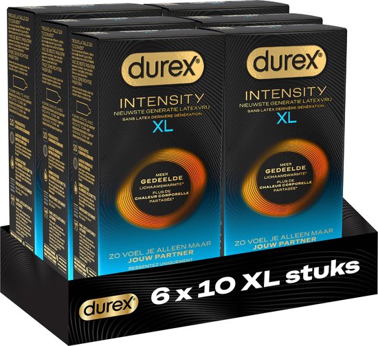 Zwarte doos Durex Intensity XL condooms met gouden logo. "6 x 10 XL stuks".