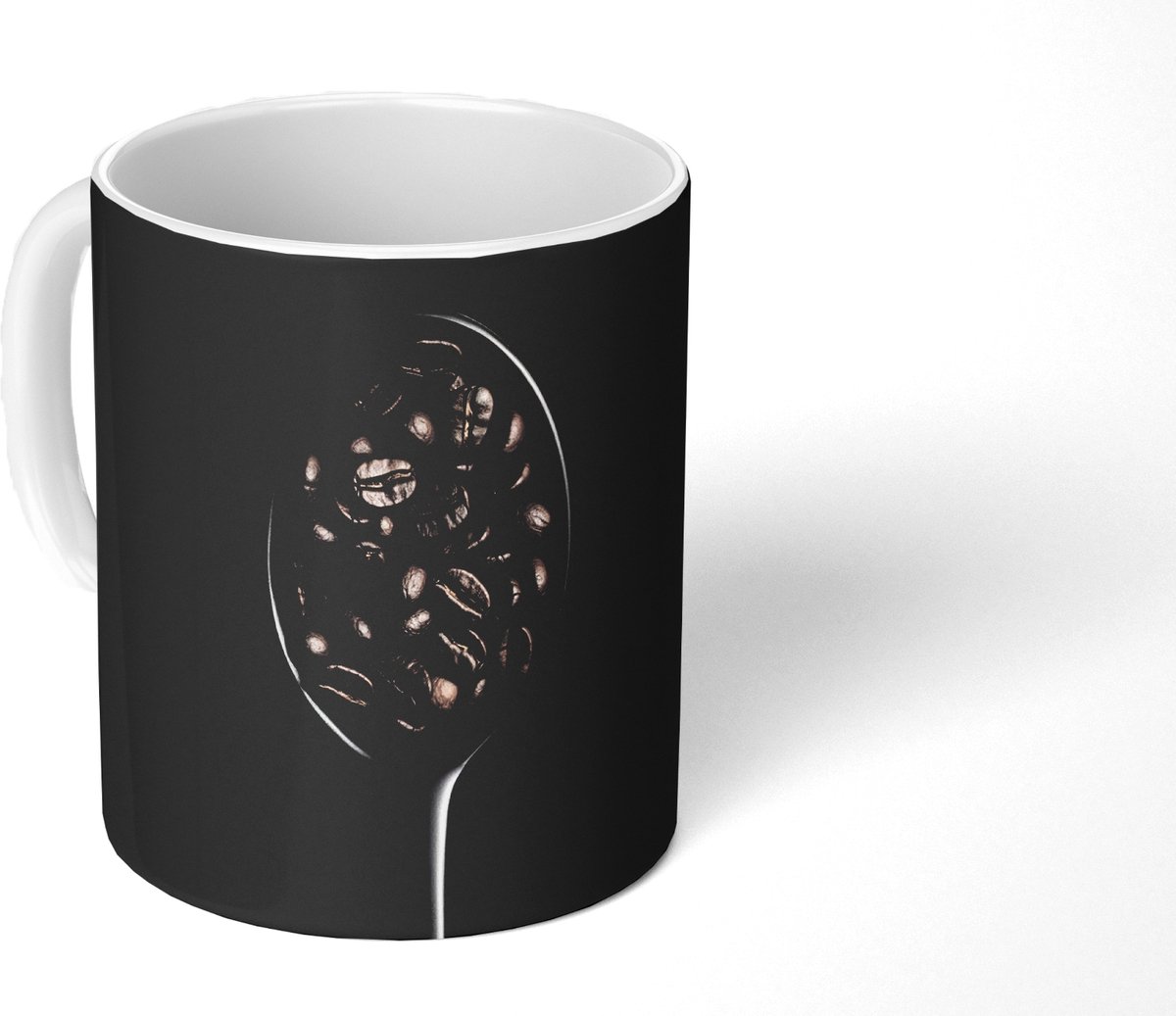 Mok - Koffiemok - Koffiebonen - Lepel - Zwart - Mokken - 350 ML - Beker - Koffiemokken - Theemok