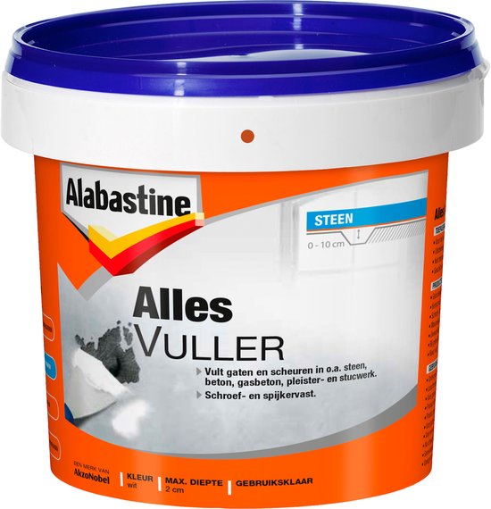 Alabastine Alles Vuller emmer met blauw deksel. Vult gaten en scheuren in steen, beton, pleisterwerk. Max. diepte 2 cm. Wit.