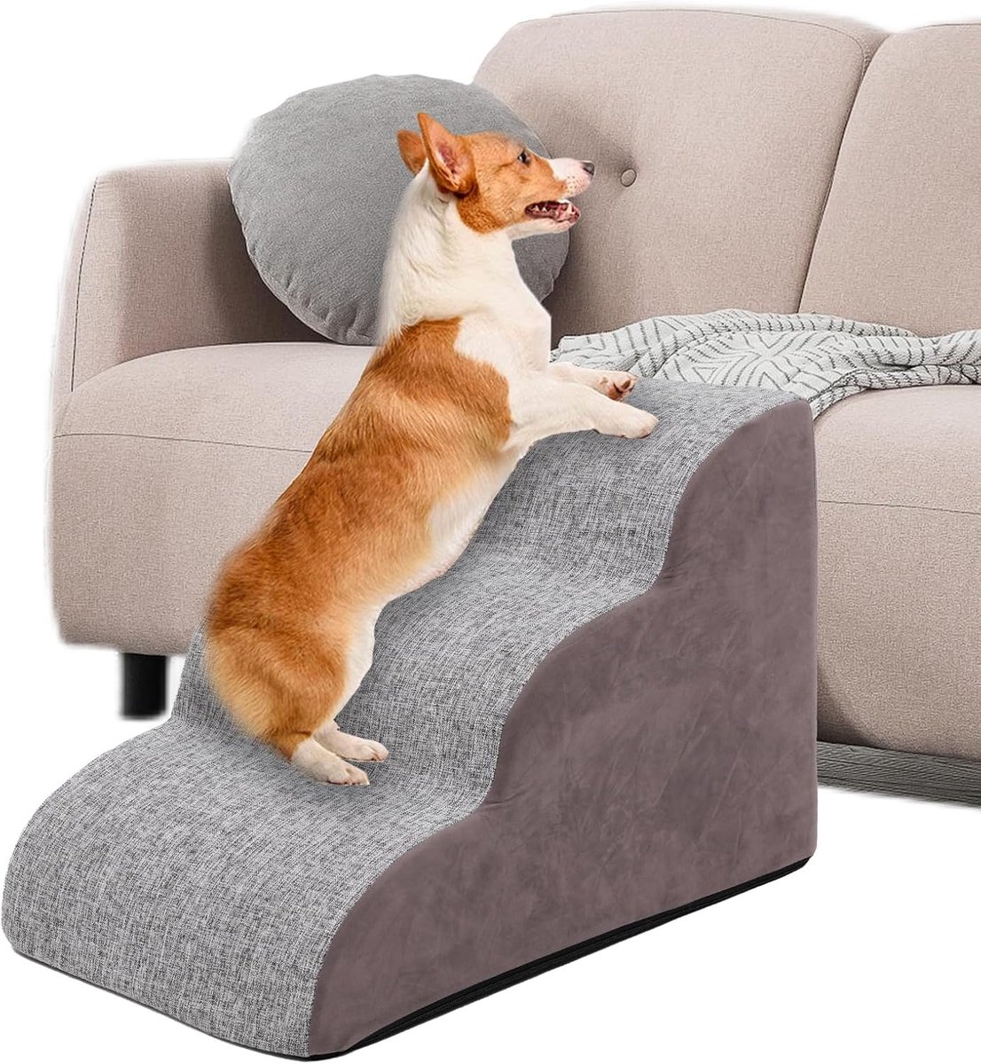 Candala Hondentrap 3 treden oprit voor hoog bed bank kleine honden huisdier hoge dichtheid schuimladder oude kat puppy indoor krukken grijs