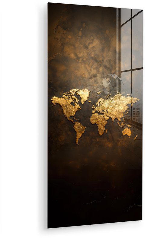 MuchoWow® Tableau sur verre 80x160 cm - Tableau sur verre acrylique - Wereldkaart - Or - Rouille - Photo sur verre - Décoration murale salon - Décoration murale chambre - Peintures