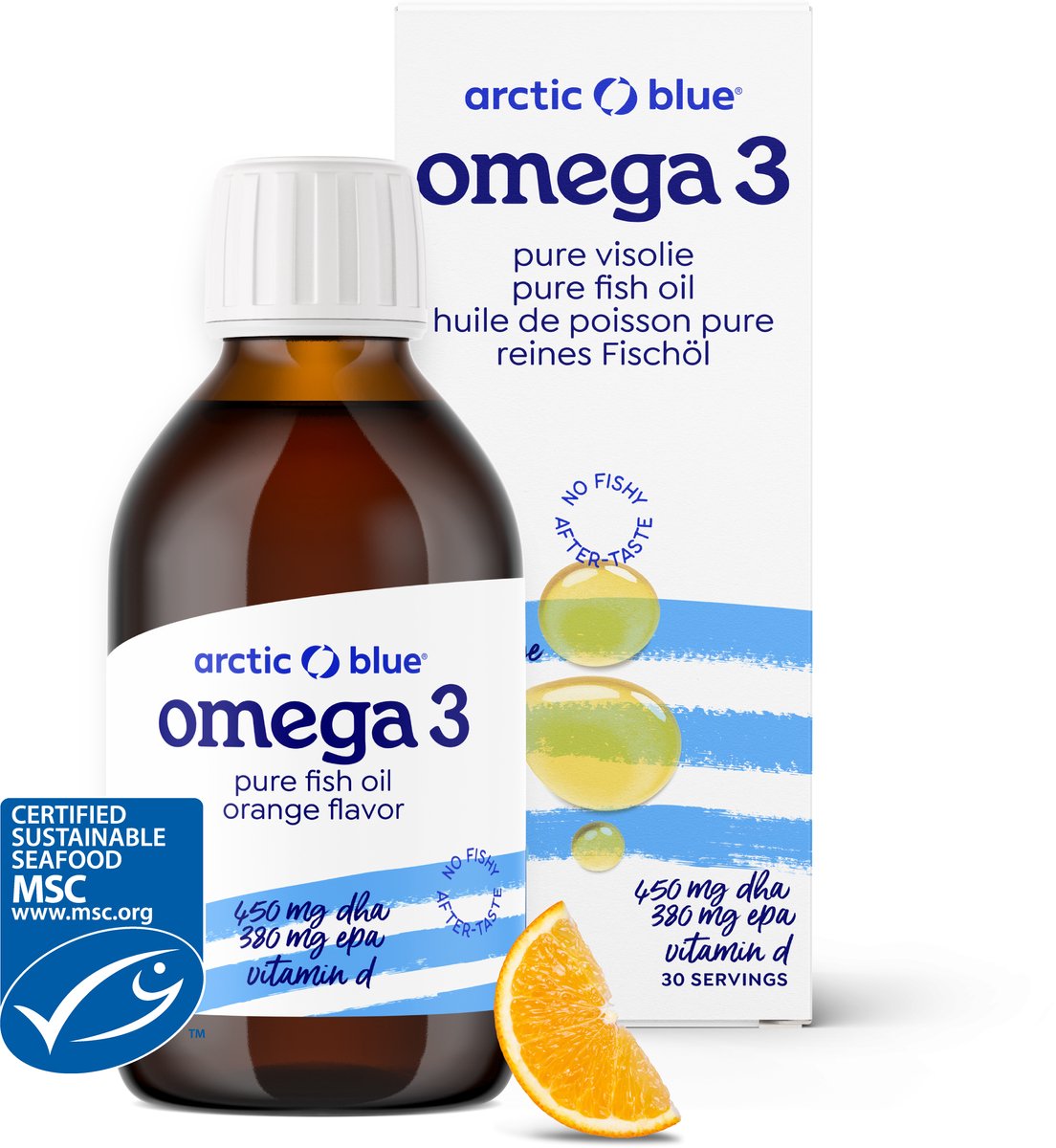 Goedkoopste Arctic Blue - Omega 3 Visolie - 450 mg DHA 380 mg EPA - Met Vit D - Sinaasappelsmaak - 30 doseringen - MSC Keurmerk