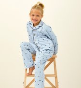 Little Label - klassieke meisjes pyjama lichtblauw hartjes 10Y/134-140 - Zachte BIO Katoen
