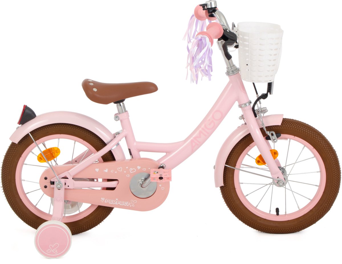 AMIGO Perfect Meisjesfiets - Kinderfiets voor Meisjes - 14 Inch 22 cm - Terugtraprem - Roze