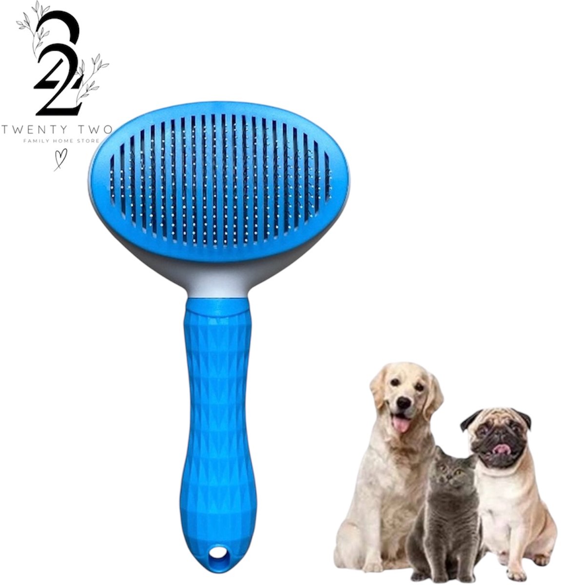 Twenty Two™ Borstel voor honden/katten, zelfreinigende verzorgingsborstel voor dieren, verzorging en verwijdering van de ondervacht, dierenborstel, verwijdert 95% van de dode haren (blauw)