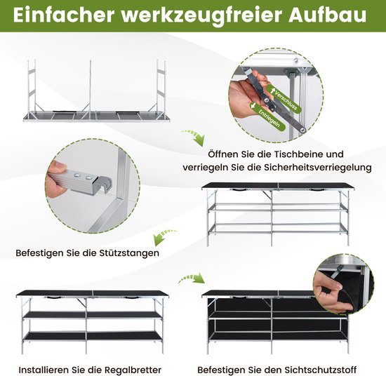 COSTWAY Campingkast, opvouwbaar, draagbare campingkeuken met 2 verdiepingen, aluminium frame, inclusief draagtas, voor picknick, barbecue, feestjes, 206 x 38 x 83 cm