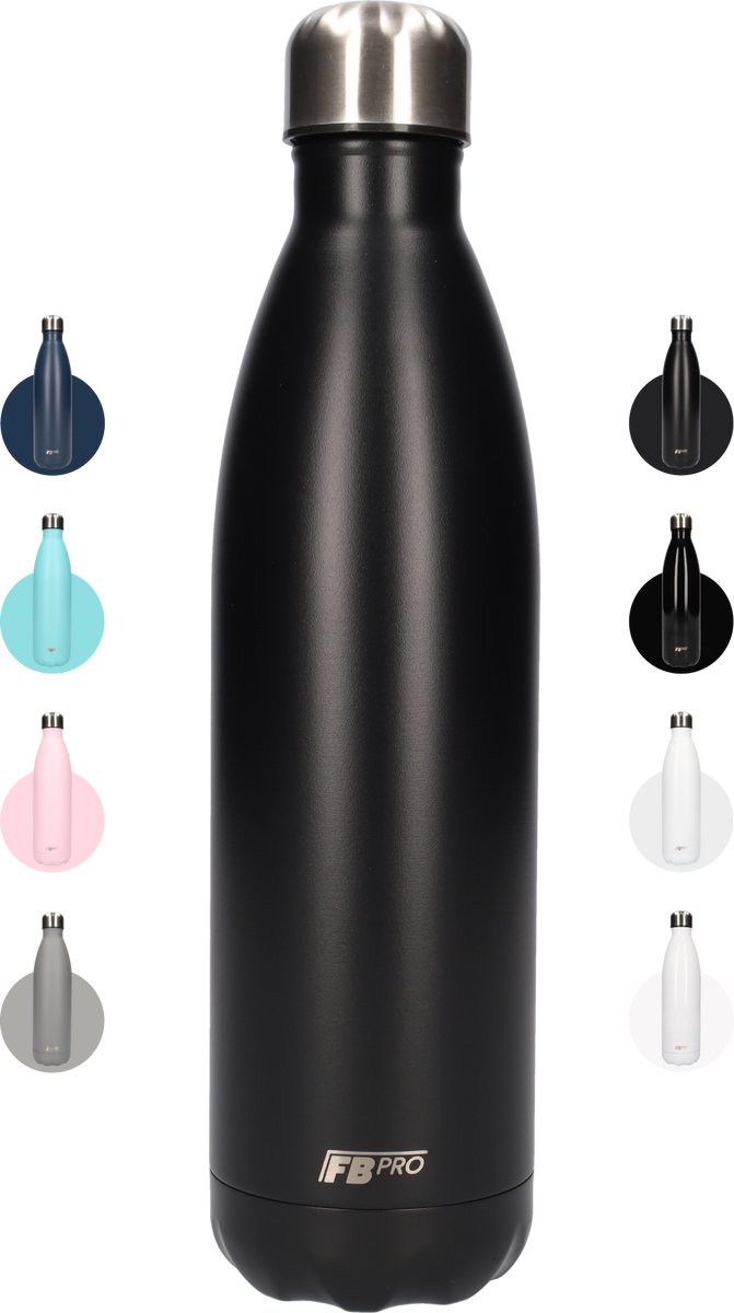 FBFS156 Thermosfles, Drinkfles, Waterfles - 750 ml - Thermos fles voor de warme en koude dagen - Dubbelwandig - Thermosbeker Koffie, thee en Koele dranken - Water fles voor onderweg - Mat Zwart - Matte Black