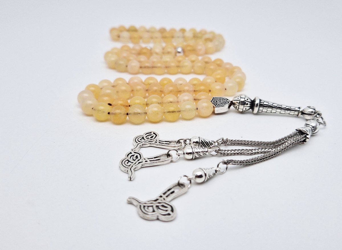 Handgemaakte tesbih "Tasbih" natuursteen " Calciet geel " - Aantal kralen 99 - Diameter kralen 8MM - met metaal tassel "Arabische kalligrafie" - Een mooi cadeau-idee