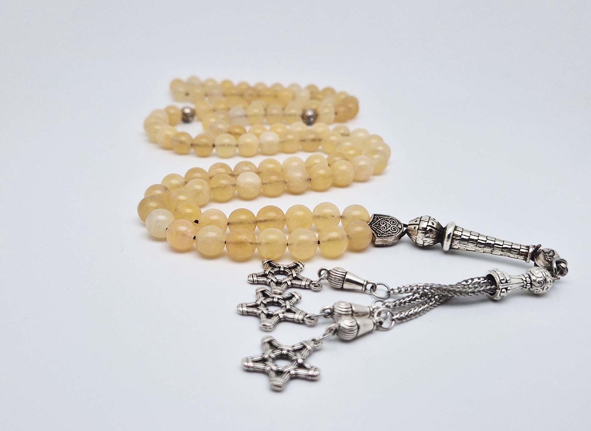 Handgemaakte tesbih "Tasbih" natuursteen " Calciet geel " - Aantal kralen 99 - Diameter kralen 8MM - met metaal tassel "Grote sterren" - Een mooi cadeau-idee