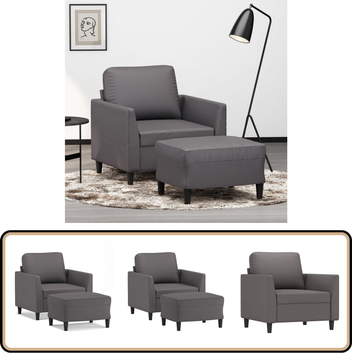 vidaXL Fauteuil - met - voetenbank - 60 - cm - kunstleer - grijs
