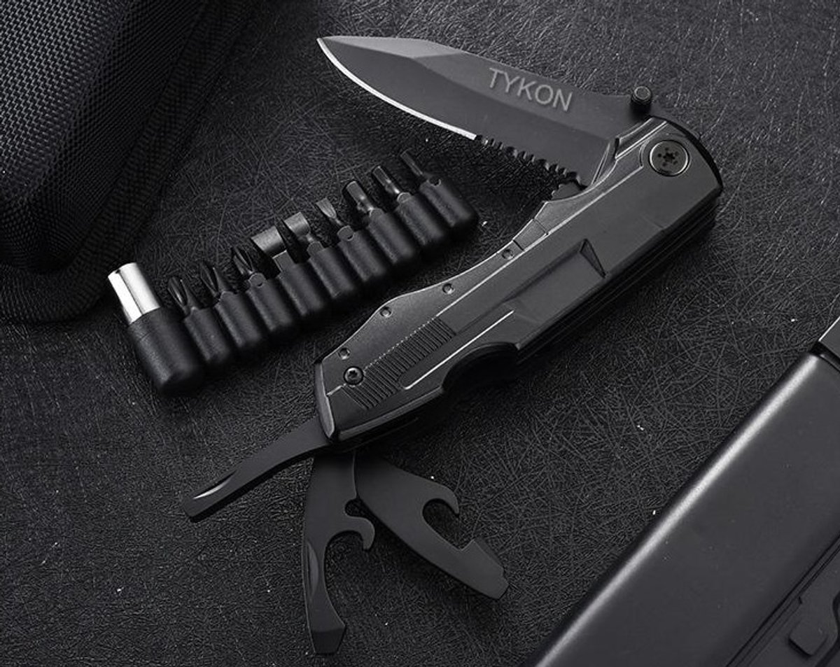 TYKON Survival zakmes multitool outdoor – 1 hand open systeem en broekclip – 19 CM vouwmes – RVS