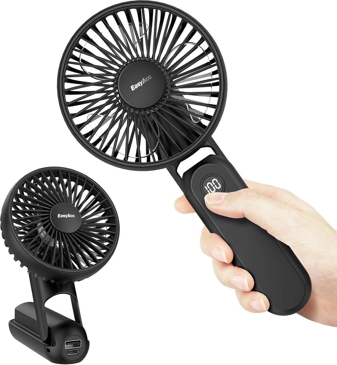 Draagbare Mini Ventilator - 5 Snelheden, Oplaadbaar met Digitaal Display en 18 Uur Accuduur - Ideaal voor Thuis, Kantoor en Reizen