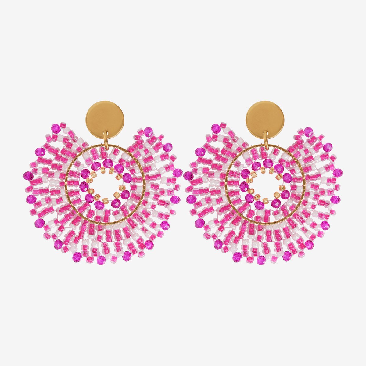 Eleganza Pink And Purple Beads Round Earrings Gold