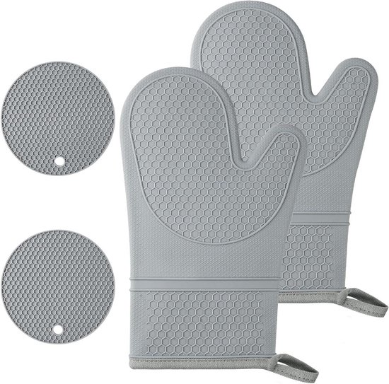 1 paar siliconen ovenwanten met 2 pannenlappen antislip