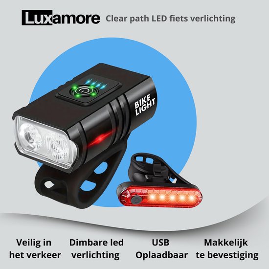 Luxamore® ClearPath LED Fietsverlichting 1000 Lumen - Mountainbike Voor- en Achterlicht Set - USB Oplaadbare Fietslampen - Sterke en Duurzame Fietsverlichting voor Nacht en Offroad — afbeelding 2