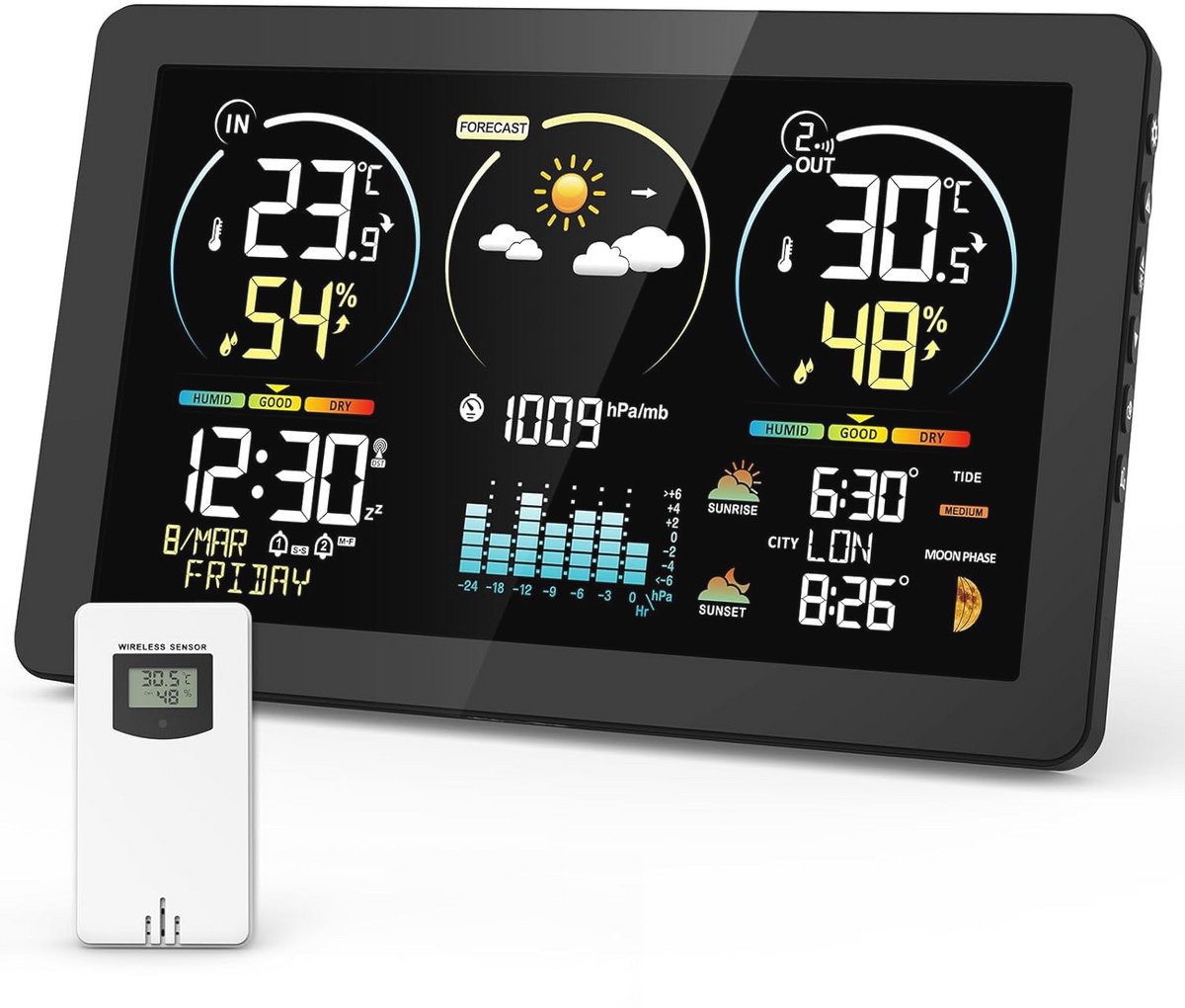Digitale Weerstation met Draadloze Buitensensor, Temperatuur- en Luchtvochtigheidsmeting, Kleurendisplay en Weersvoorspelling