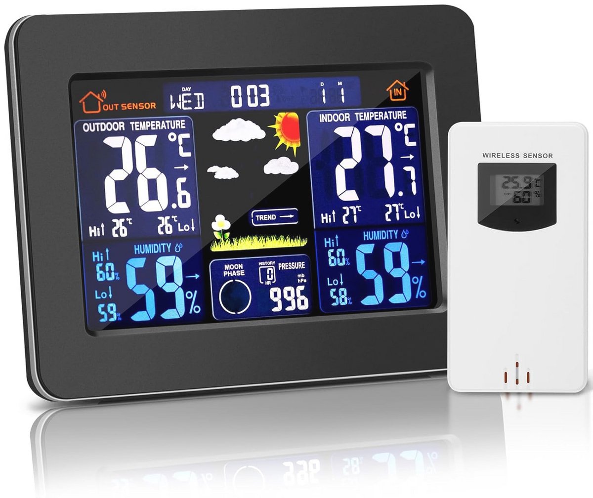 Draadloos Weerstation met Binnen- en Buitenthermometer - Digitale Klok, Alarm en Weervoorspelling