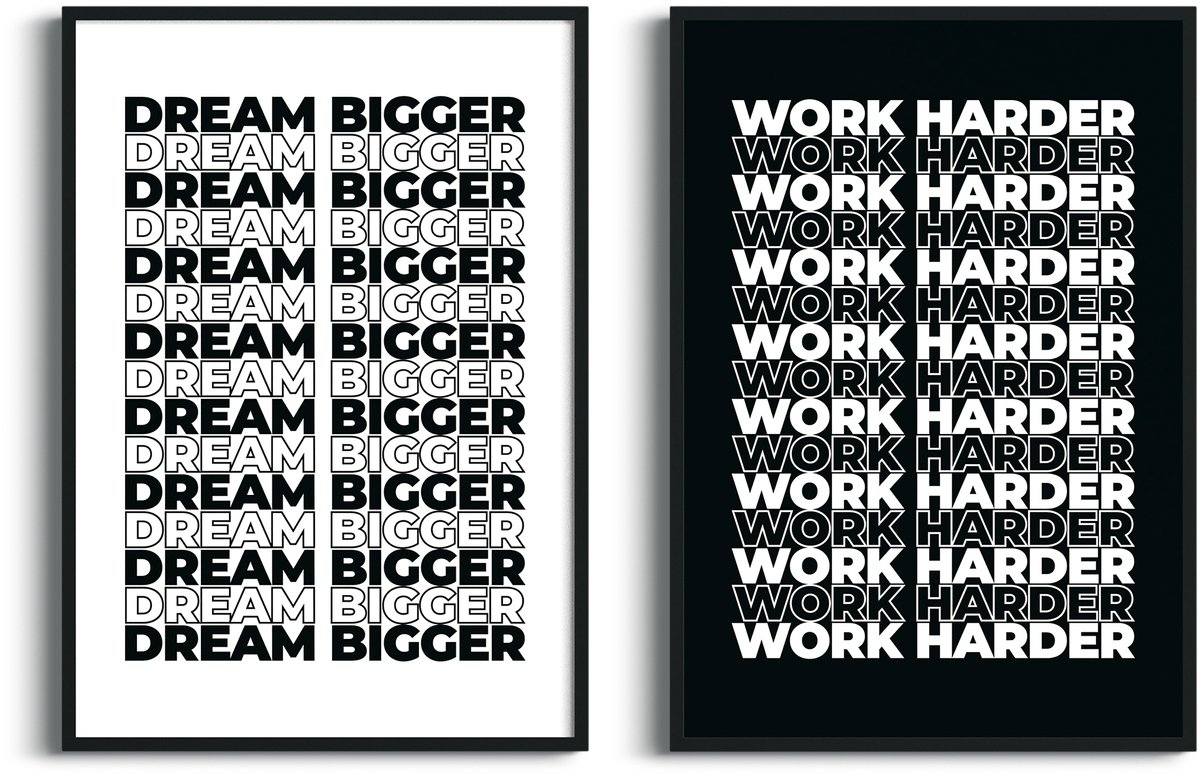 Studio Miron – Premium Fine Art Tweeluik Motivatie Posters “Dream Bigger” & “Work Harder” – A3 (29,7 x 42 cm)