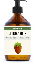 Puturals Jojoba Olie 100% Biologisch - 500ml - Puur en Koudgeperst - Jojoba Olie als Haarolie, Huidolie en Gezichtsolie - Rijk aan Omega 9 Vetzuren en Vitamine E - Golden Jojoba Olie - Bruine Glazen Fles + Pomp