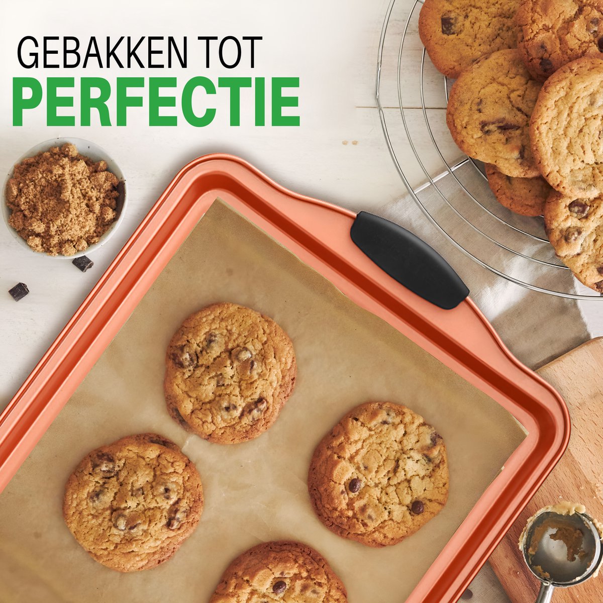 NutriChef, bakplaat oven , 5-delige Bakvorm Set - Stapelbare Bakplaten & Braadslee met Deksel - Handige Maten voor Koken & Bakken- Inclusief Ingebouwde Siliconen Handgrepen - Koper – foto 5
