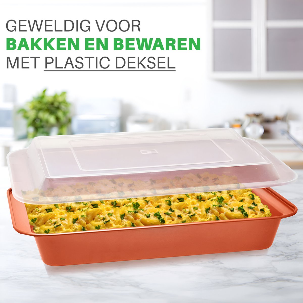 NutriChef, bakplaat oven , 5-delige Bakvorm Set - Stapelbare Bakplaten & Braadslee met Deksel - Handige Maten voor Koken & Bakken- Inclusief Ingebouwde Siliconen Handgrepen - Koper – foto 3