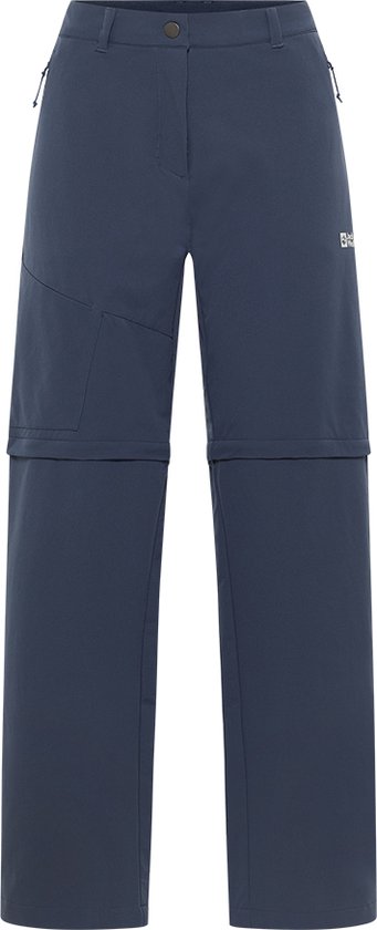Pantalon d'extérieur zippé bleu foncé pour femme. Peut être porté en short. Le logo Jack Wolfskin est sur la jambe gauche.
