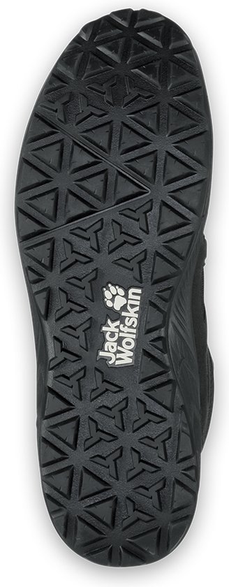 Semelle d'une chaussure de randonnée mi-haute noire avec profil triangulaire et logo Jack Wolfskin.