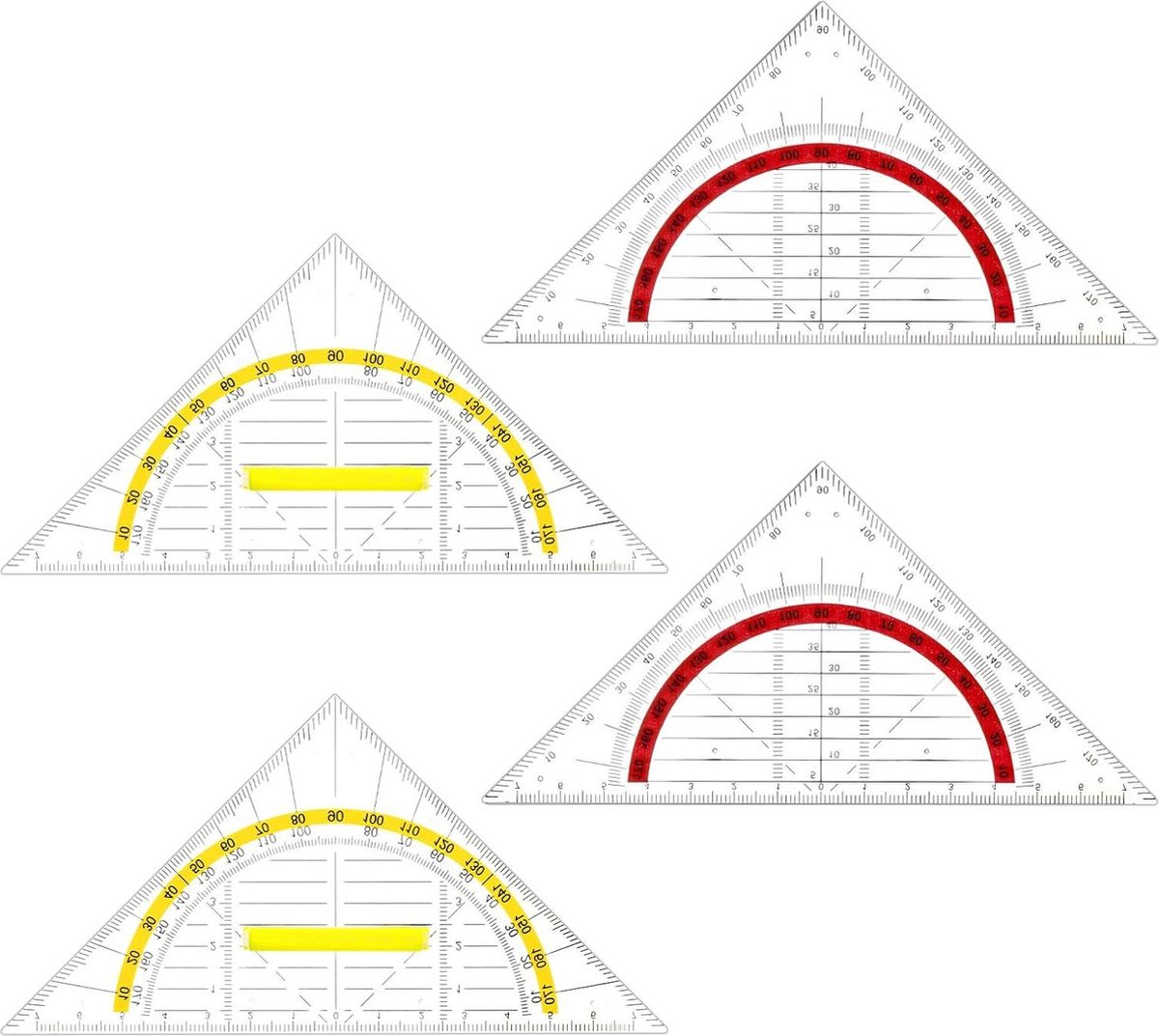 Vierkante liniaal set - 4 stuks - transparant - 45 graden - geometrie set - studenten - leraar - wiskunde - klaslokaal - rood - geel .