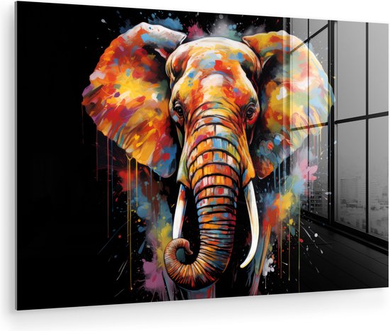 MuchoWow® Tableau sur verre 120x80 cm - Tableau sur verre acrylique - Éléphant - Graffiti - Zwart - Animaux - Couleurs - Photo sur verre - Décoration murale salon - Décoration murale chambre - Peintures
