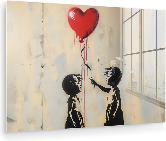 Peinture noir et blanc représentant deux enfants en silhouette tendant la main vers un ballon rouge en forme de cœur.