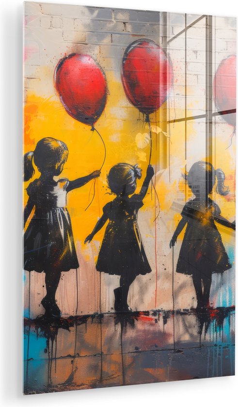 MuchoWow® Glasschilderij 60x90 cm - Schilderij acrylglas - Graffiti - Kinderen - Street art - Ballon - Banksy Style - Foto op glas - Muurdecoratie woonkamer - Wanddecoratie slaapkamer - Schilderijen