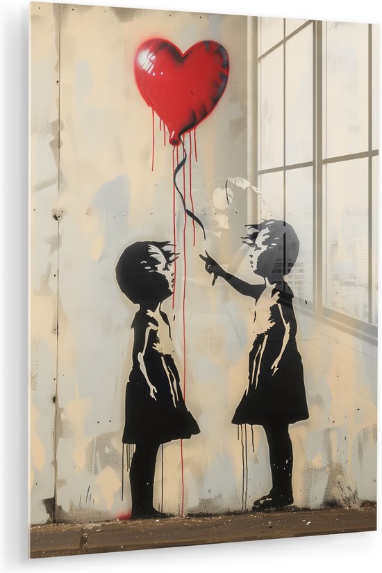Acrylglas schilderij van twee silhouetkinderen die naar een rode ballon in hartvorm reiken, met witte achtergrond.