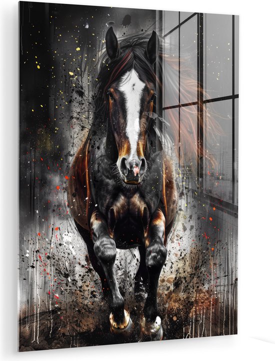 MuchoWow® Glasschilderij 60x80 cm - Schilderij acrylglas - Paard - Dieren - Zwart - Luxe - Modern - Foto op glas - Muurdecoratie woonkamer - Wanddecoratie slaapkamer - Schilderijen