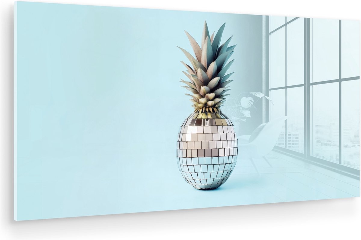 MuchoWow® Glasschilderij 160x80 cm - Schilderij acrylglas - Blauw - Ananas - Disco - Discobal - Foto op glas - Muurdecoratie woonkamer - Wanddecoratie slaapkamer - Schilderijen