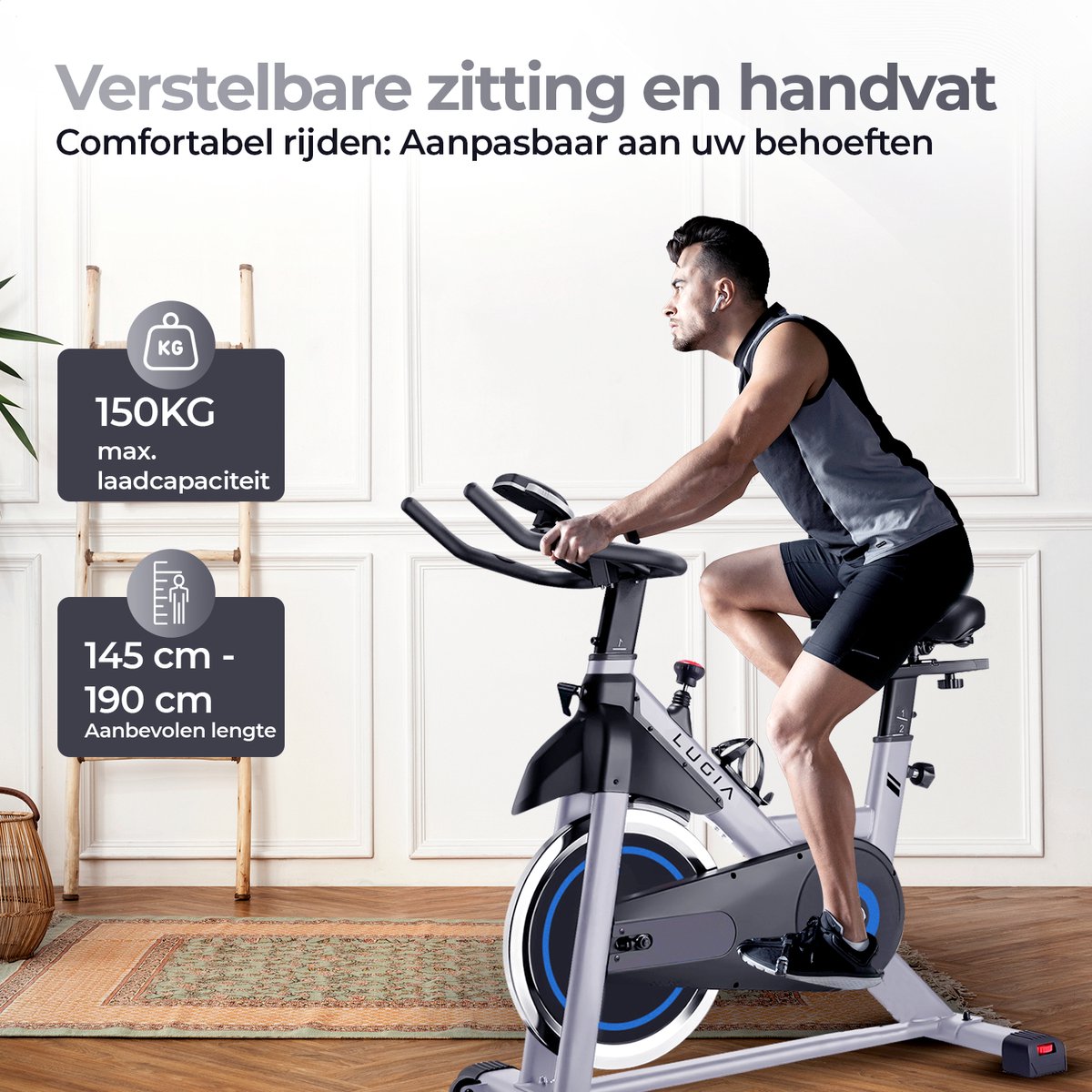 Afbeelding 3 van Lugia Hometrainer PRO Fiets - 15 KG Vliegwiel - Led Display met Hartslagmeter - Fitness Fiets - Verstelbaar Zadel - 0-100% weerstand niveaus - Max 150kg
