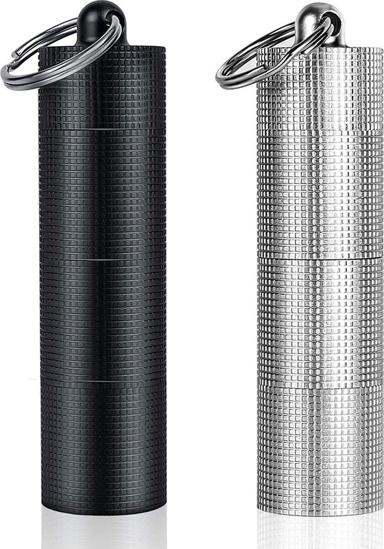 Pilulier portable quotidien avec porte-clés, 2 pièces, 3 compartiments, en alliage d'aluminium, étanche, petit pilulier de poche, Zwart/ Wit
