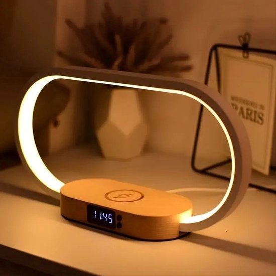 Clock with wireless charger made of wood, 3-stage dimmer, clock with digital charger made of wood, dual display, 12/24 hour mute switching for the headboard