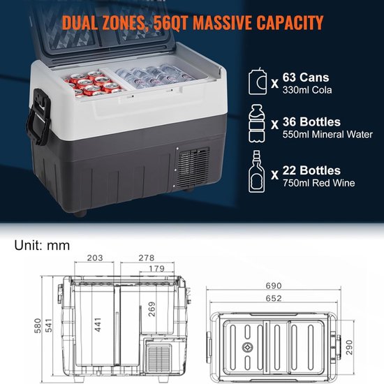 55L Auto Koelbox en Vriezer - Draagbare Compressor Koelbox voor Camping - Reizen en Outdoor Avonturen - zwart/grijs van Fineday — afbeelding 2